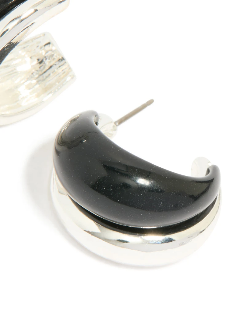 Silver Black Enamel Hoop Earrings