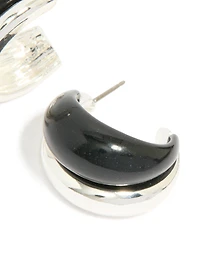 Silver Black Enamel Hoop Earrings