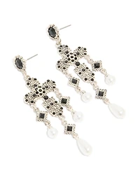 Antique Silver Pearl & Black Stone Textured Cross Drop Earrings