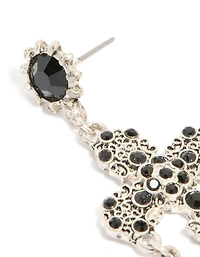 Antique Silver Pearl & Black Stone Textured Cross Drop Earrings