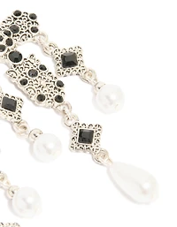 Antique Silver Pearl & Black Stone Textured Cross Drop Earrings