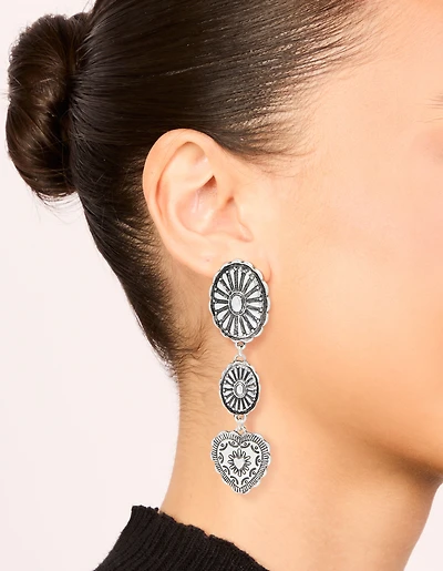 Antique Silver Textured Circle & Heart Drop Earrings