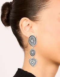 Antique Silver Textured Circle & Heart Drop Earrings