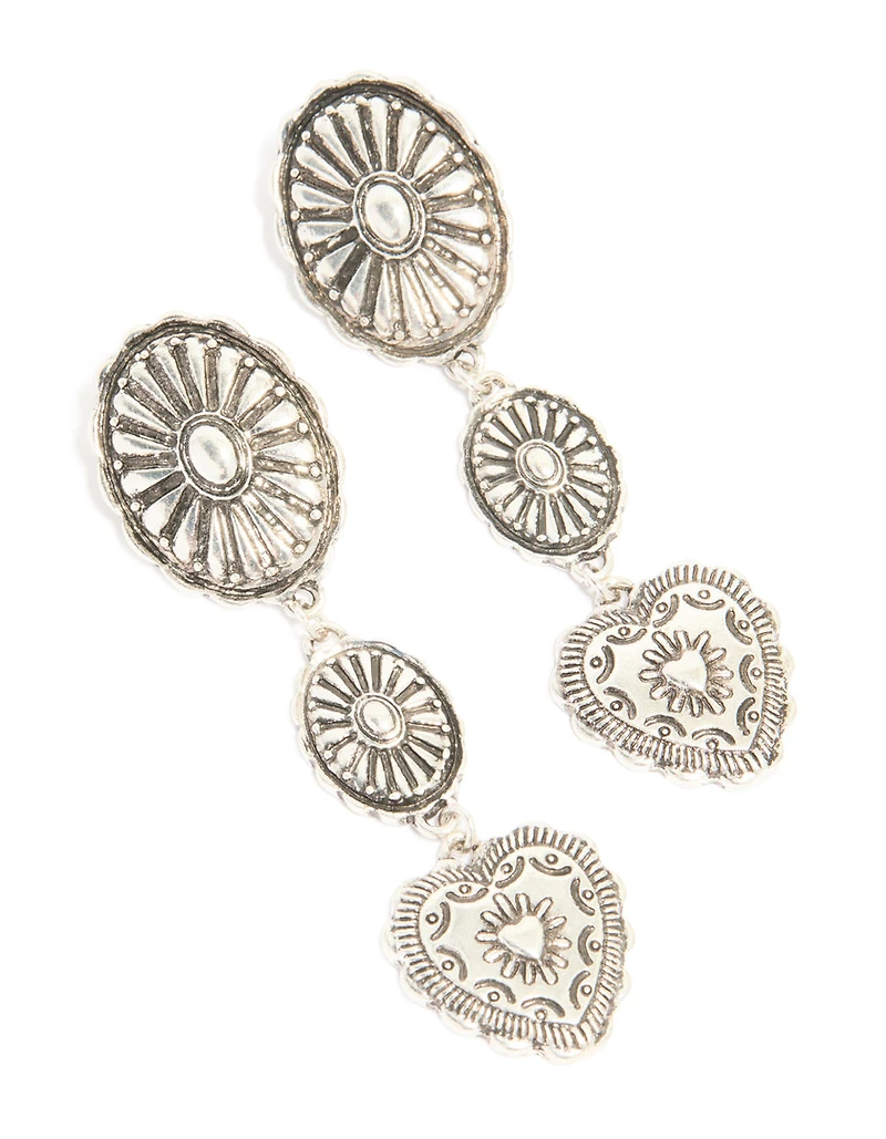 Antique Silver Textured Circle & Heart Drop Earrings