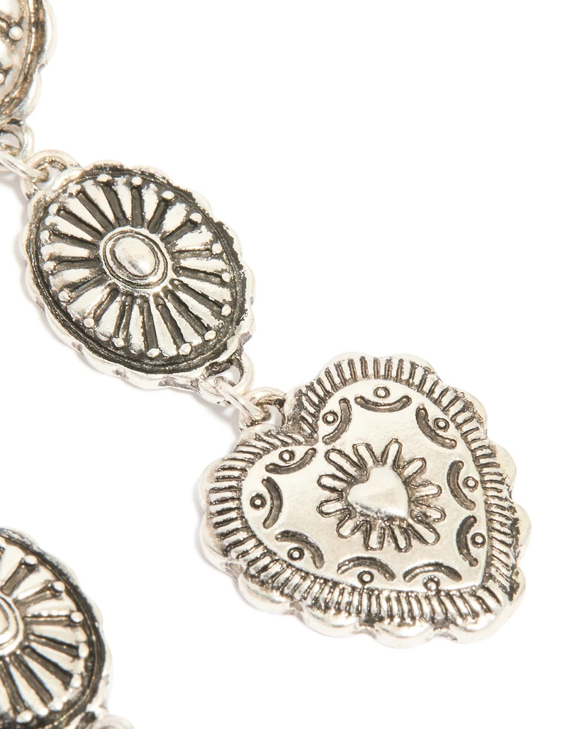Antique Silver Textured Circle & Heart Drop Earrings
