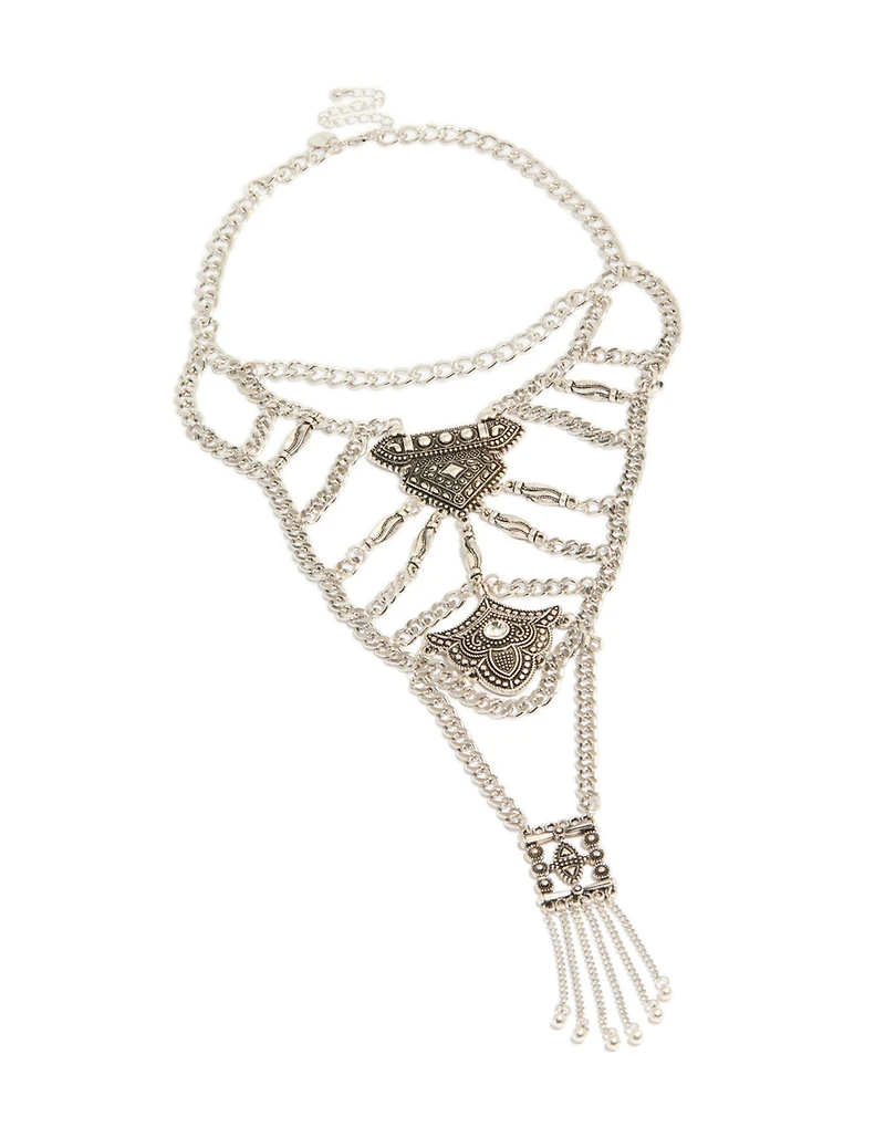 Antique Silver Textured Boho Long Chain Necklace