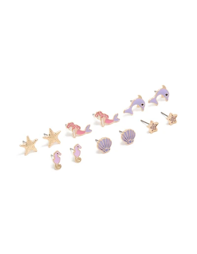 Boucles d’oreilles dorées Sirènes et Dauphins pour enfants en pack de 6