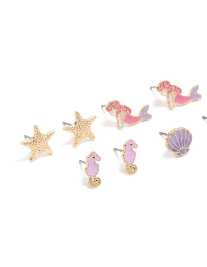 Boucles d’oreilles dorées Sirènes et Dauphins pour enfants en pack de 6
