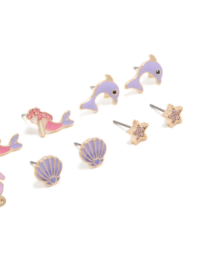 Boucles d’oreilles dorées Sirènes et Dauphins pour enfants en pack de 6