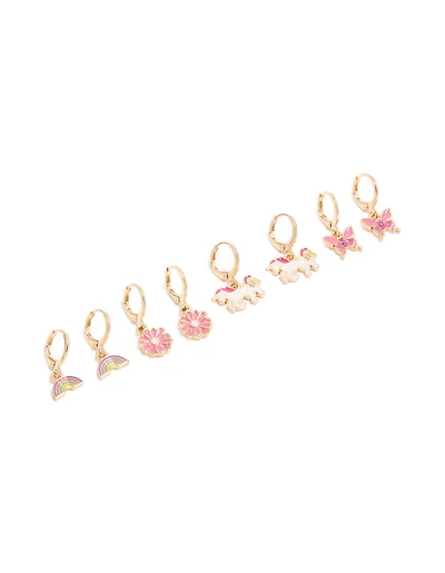 Kids Gold Unicorn & Rainbow Huggie Earrings 4-Pack