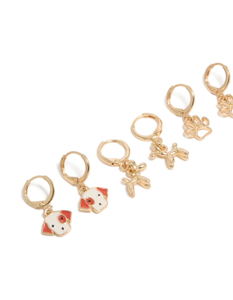 Kids Gold Dog & Paw Huggie Earrings 4-Pack