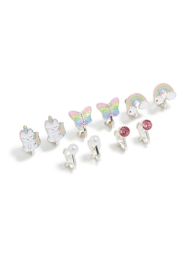 Boucles d’oreilles argentées pour chat licorne arc-en-ciel pour enfants en pack 5