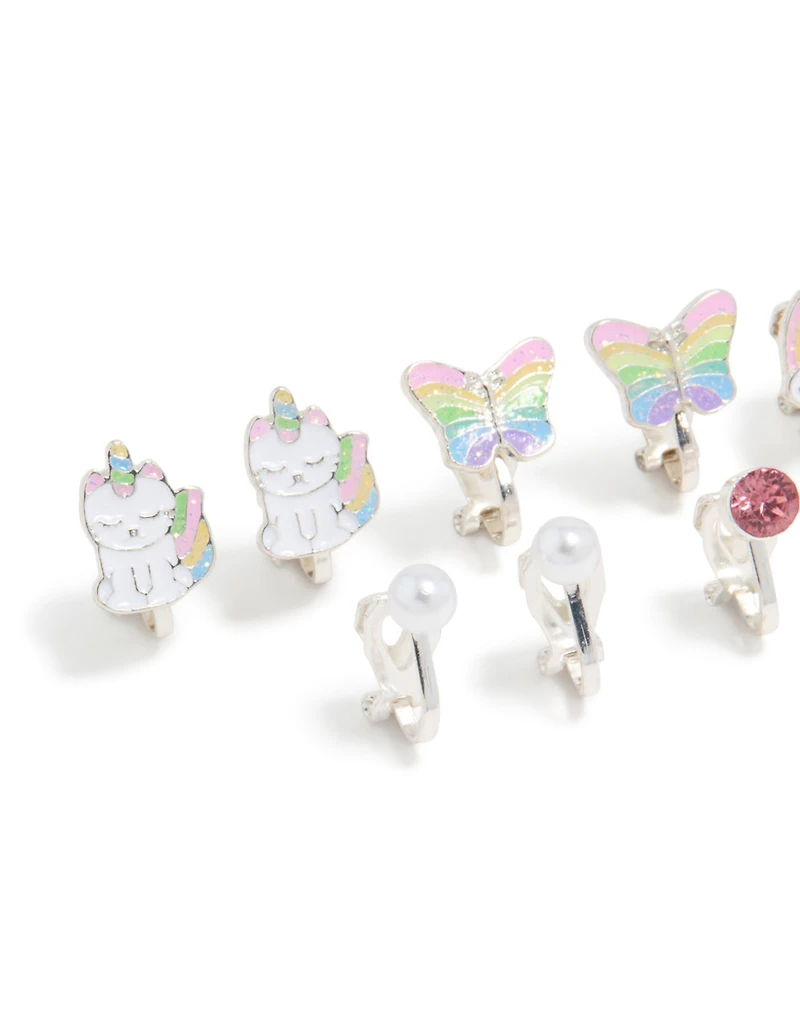 Boucles d’oreilles argentées pour chat licorne arc-en-ciel pour enfants en pack 5