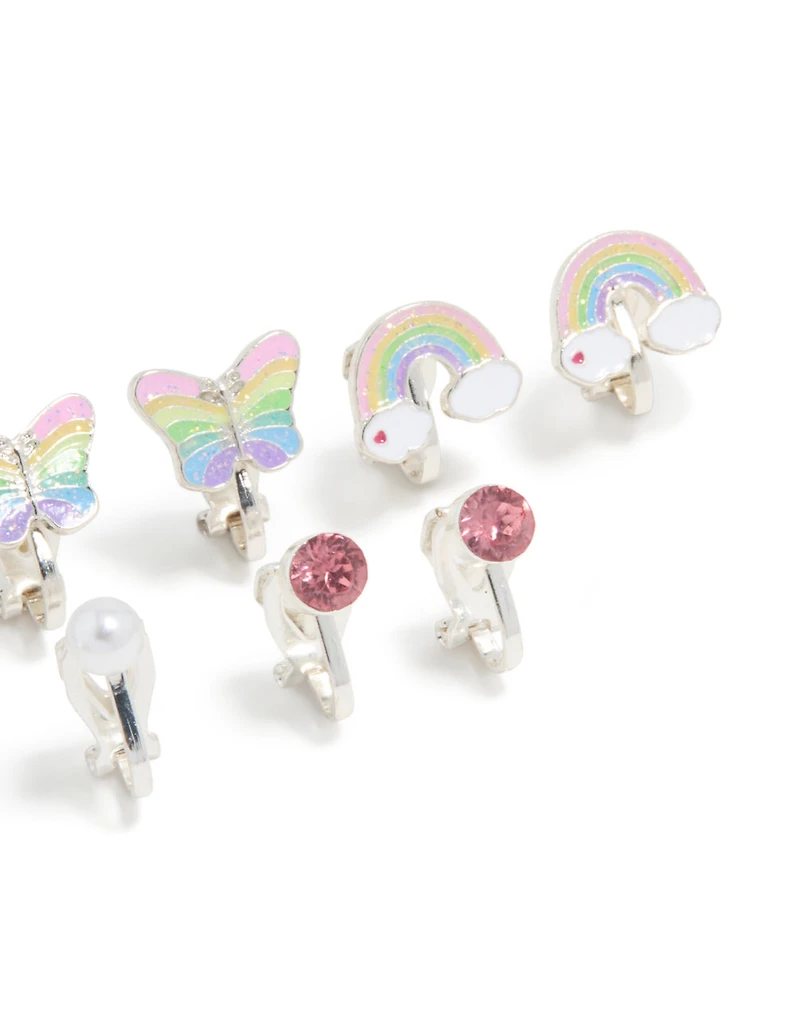 Boucles d’oreilles argentées pour chat licorne arc-en-ciel pour enfants en pack 5