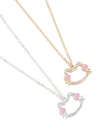 Kids Mixed Metal Diamante Best Friends Cat Necklace 2 Pack