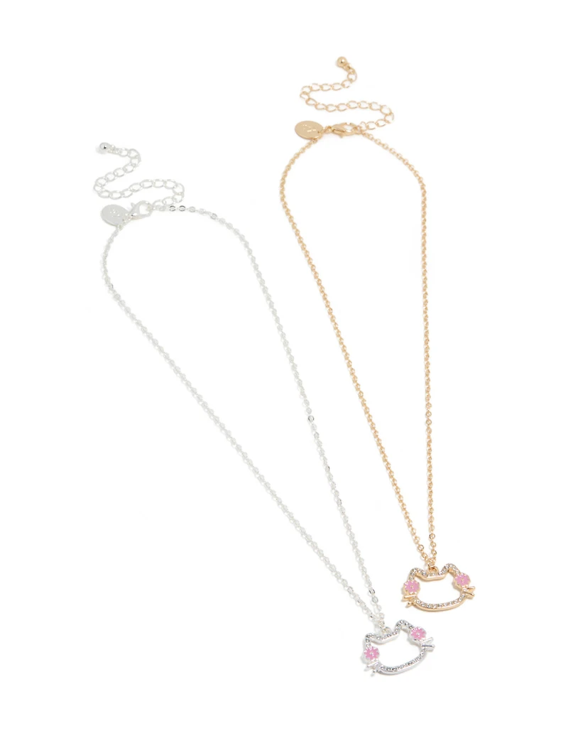 Kids Mixed Metal Diamante Best Friends Cat Necklace 2 Pack
