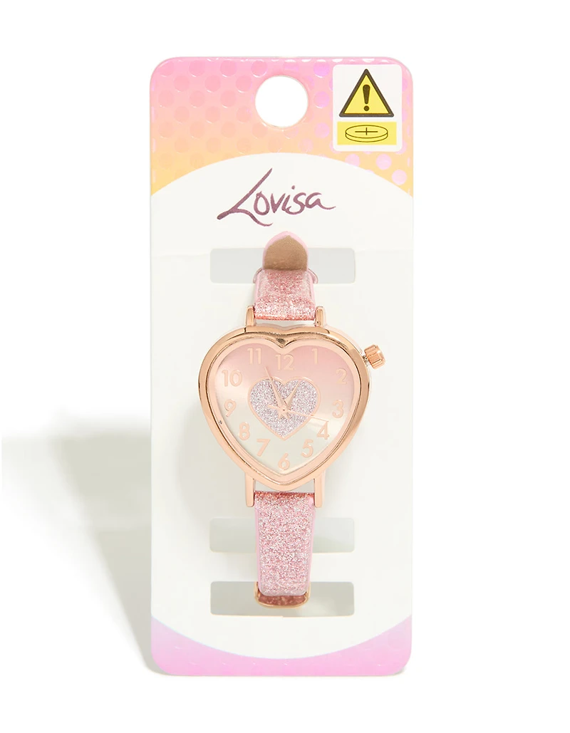 Kids Pink Glitter PU Leather Heart Watch