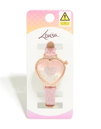 Kids Pink Glitter PU Leather Heart Watch