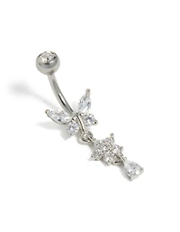 Surgical Steel Cubic Zirconia Butterfly & Flower Belly Bar