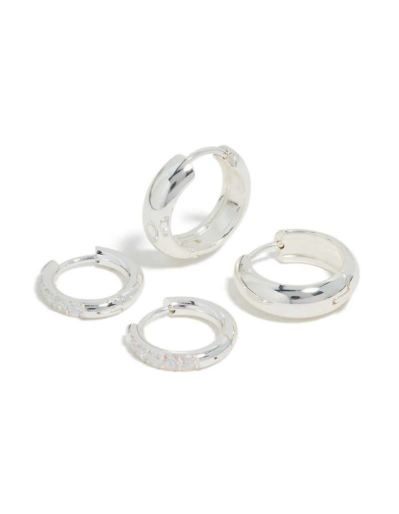 Waterproof Stainless Steel Cubic Zirconia Chubby Huggie Earrings 2-Pack