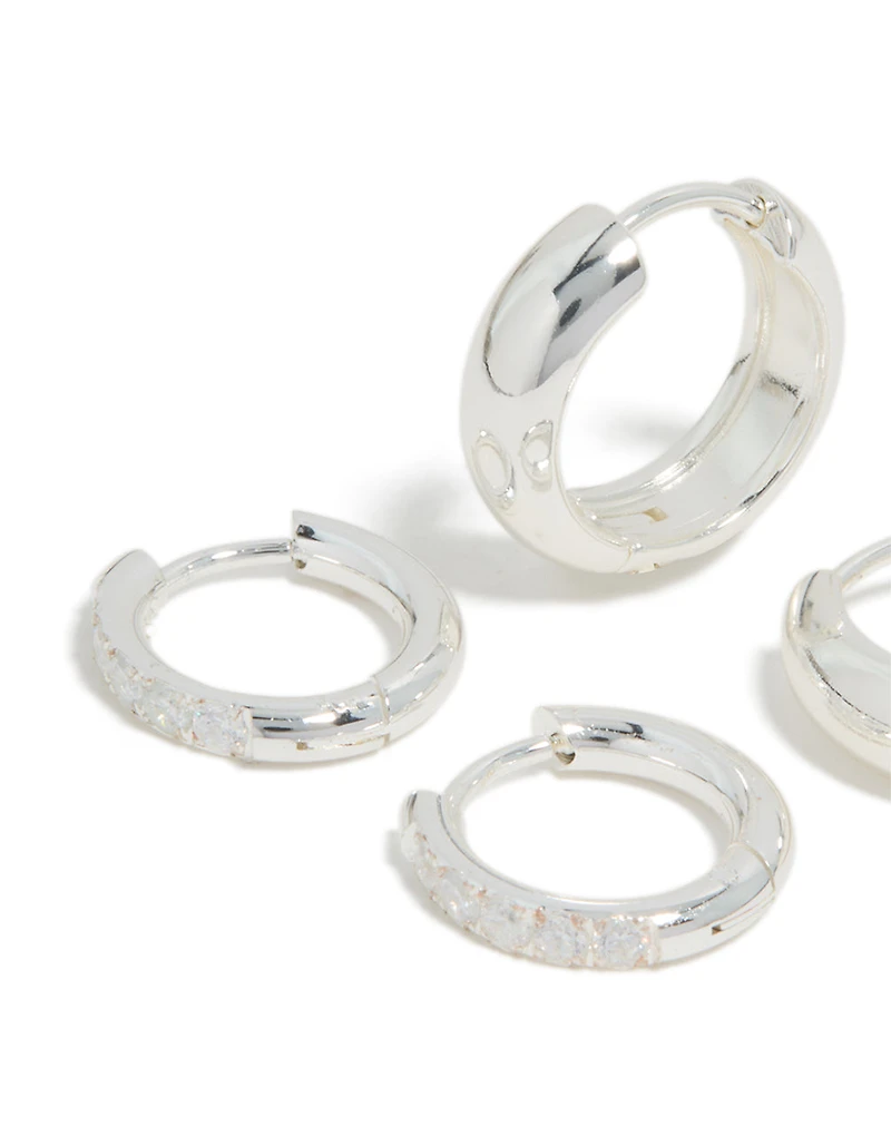Waterproof Stainless Steel Cubic Zirconia Chubby Huggie Earrings 2-Pack