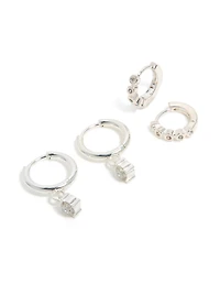 Waterproof Stainless Steel Bezel Diamante & Plain Huggie Earrings 2-Pack