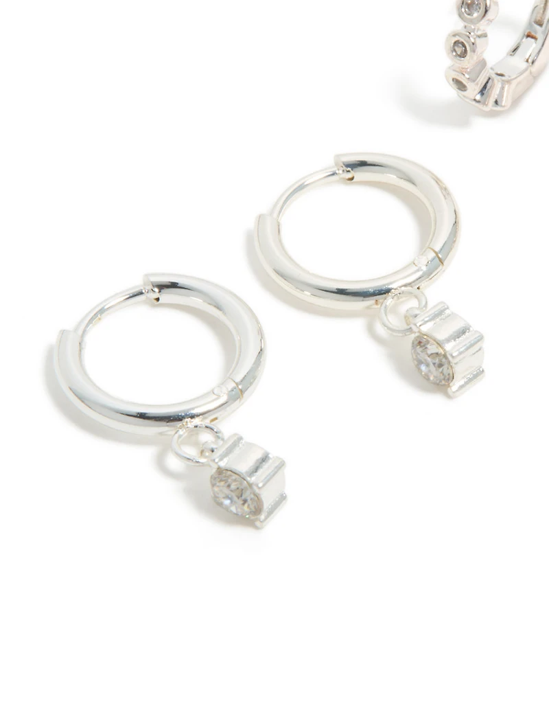 Waterproof Stainless Steel Bezel Diamante & Plain Huggie Earrings 2-Pack