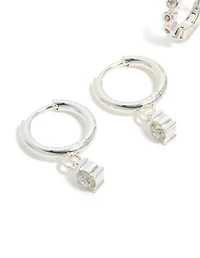 Waterproof Stainless Steel Bezel Diamante & Plain Huggie Earrings 2-Pack