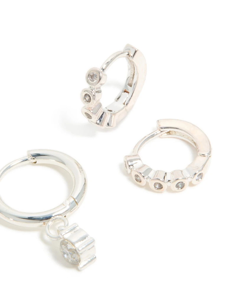 Waterproof Stainless Steel Bezel Diamante & Plain Huggie Earrings 2-Pack