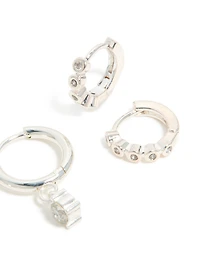 Waterproof Stainless Steel Bezel Diamante & Plain Huggie Earrings 2-Pack
