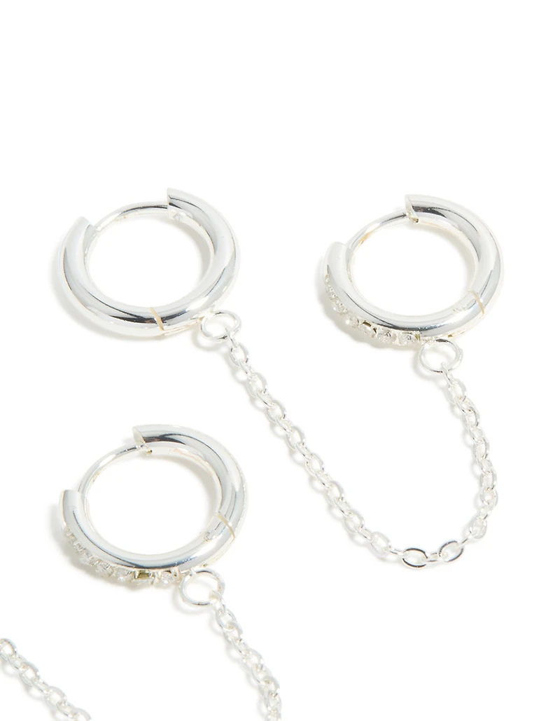 Waterproof Stainless Steel Cubic Zirconia Chain Link Huggie Earrings 2-Pack