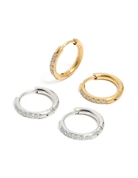 Waterproof Stainless Steel Mixed Metal Thin Pavé Huggie Earrings 2-Pack