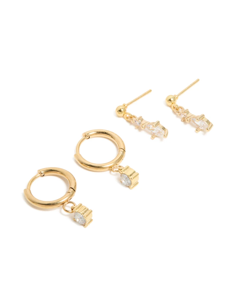 Huggie et boucles d’oreilles tombantes en zircone cubique en acier inoxydable imperméables plaquées or