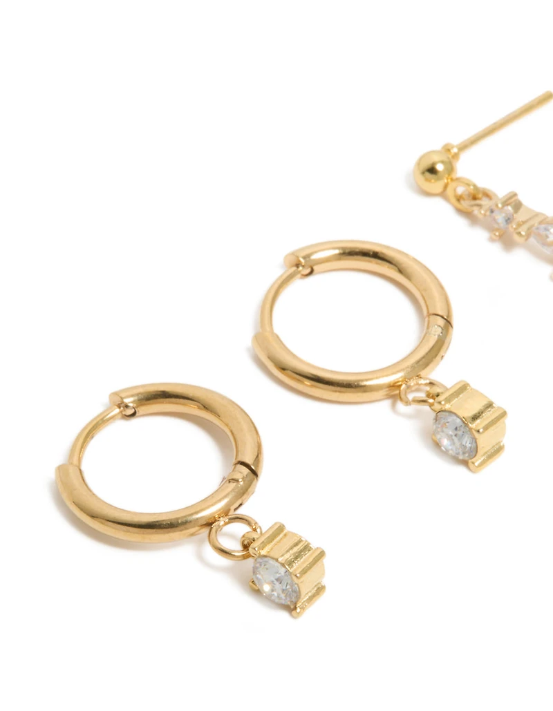 Huggie et boucles d’oreilles tombantes en zircone cubique en acier inoxydable imperméables plaquées or