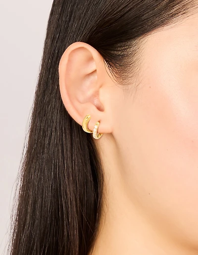 Waterproof Gold Plated Stainless Steel  Cubic Zirconia Pavé & Plain Huggie Earrings 2-Pack