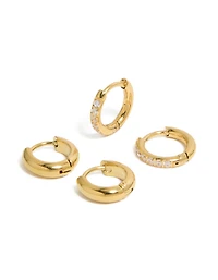 Waterproof Gold Plated Stainless Steel  Cubic Zirconia Pavé & Plain Huggie Earrings 2-Pack