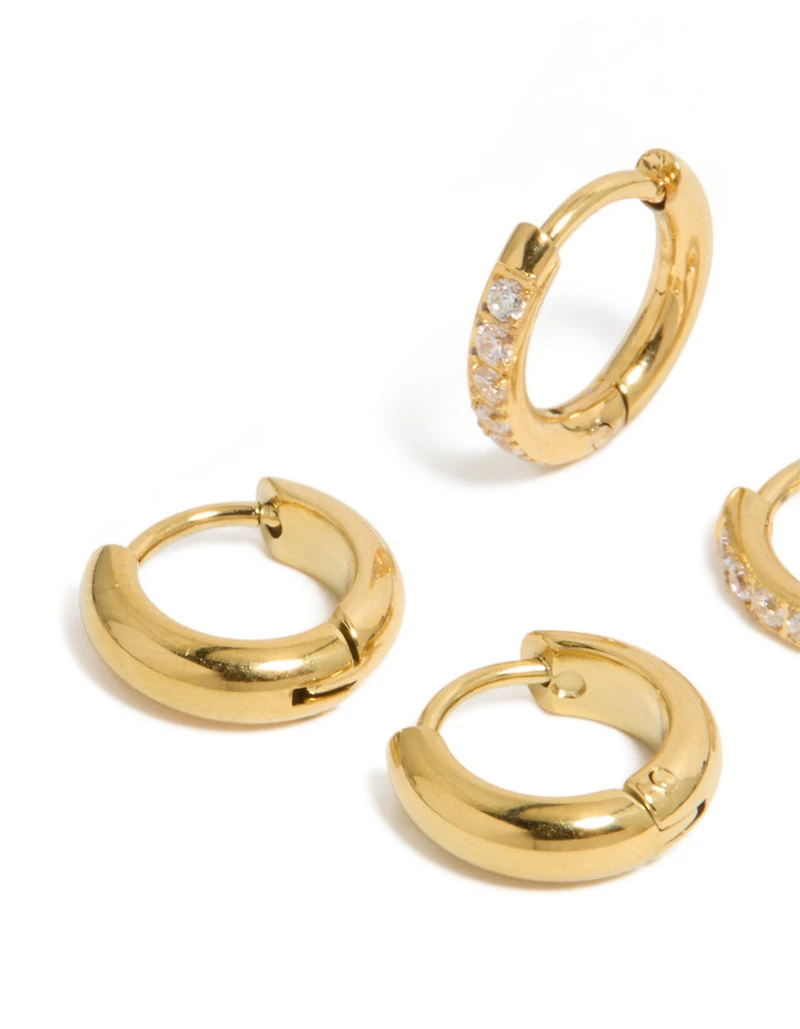 Waterproof Gold Plated Stainless Steel  Cubic Zirconia Pavé & Plain Huggie Earrings 2-Pack