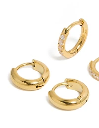 Waterproof Gold Plated Stainless Steel  Cubic Zirconia Pavé & Plain Huggie Earrings 2-Pack