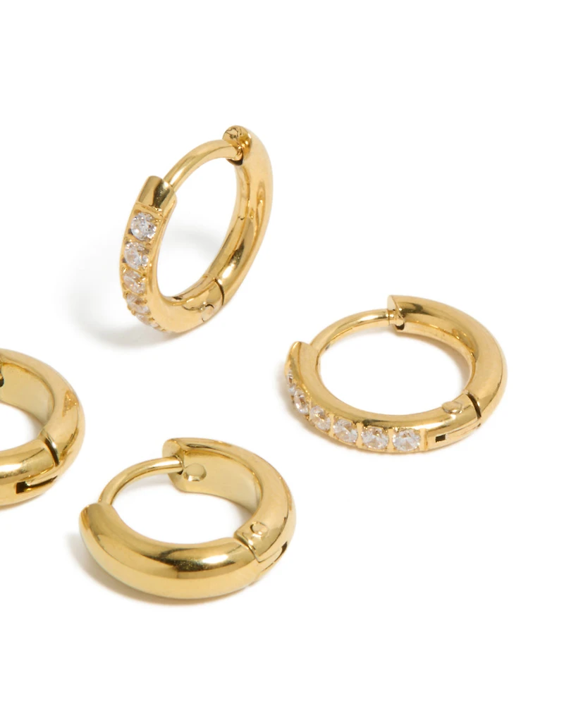 Waterproof Gold Plated Stainless Steel  Cubic Zirconia Pavé & Plain Huggie Earrings 2-Pack