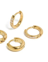 Waterproof Gold Plated Stainless Steel  Cubic Zirconia Pavé & Plain Huggie Earrings 2-Pack