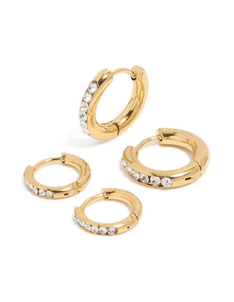 Waterproof Gold Plated Stainless Steel Cubic Zirconia Huggie Earrings 2-Pack