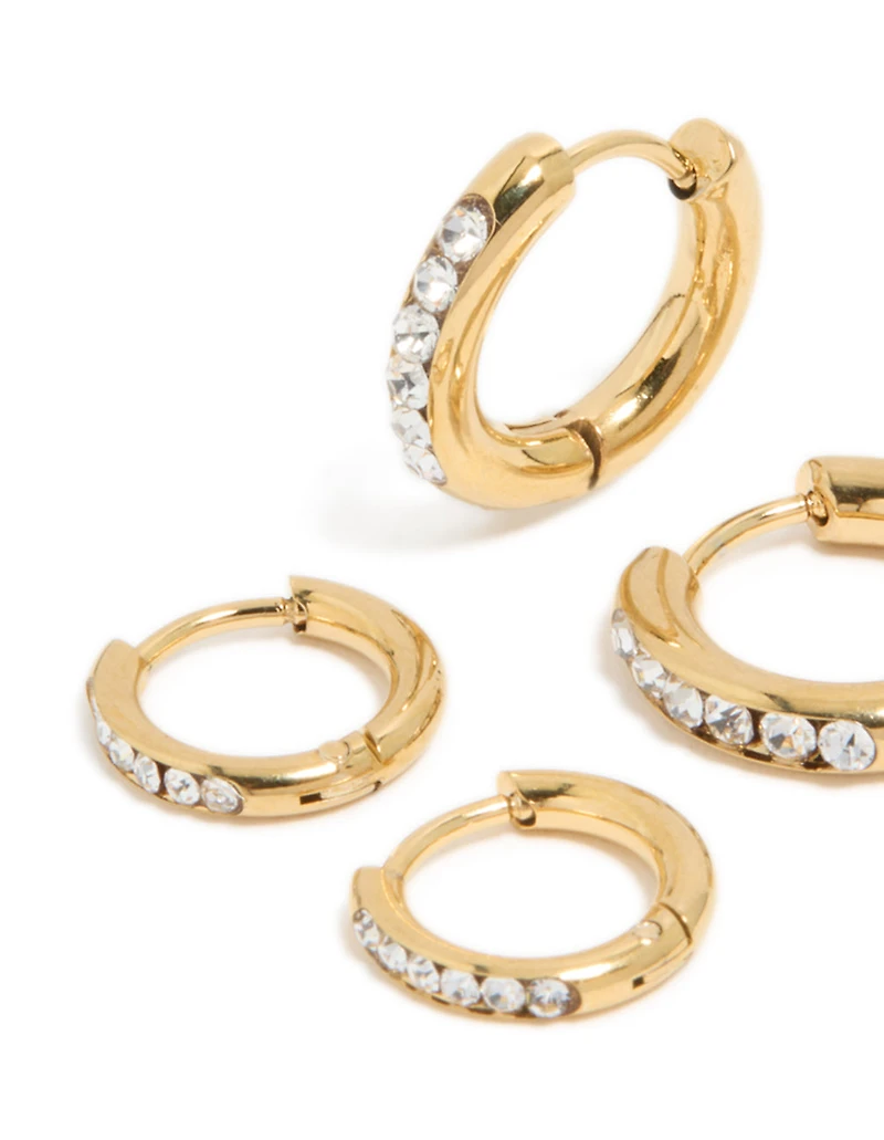 Waterproof Gold Plated Stainless Steel Cubic Zirconia Huggie Earrings 2-Pack
