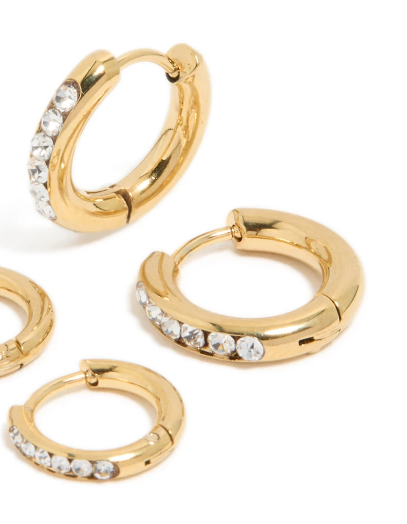 Waterproof Gold Plated Stainless Steel Cubic Zirconia Huggie Earrings 2-Pack