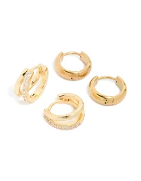 Waterproof Gold Plated Stainless Steel Chubby & Diamante Huggie Earrings 2-Pack