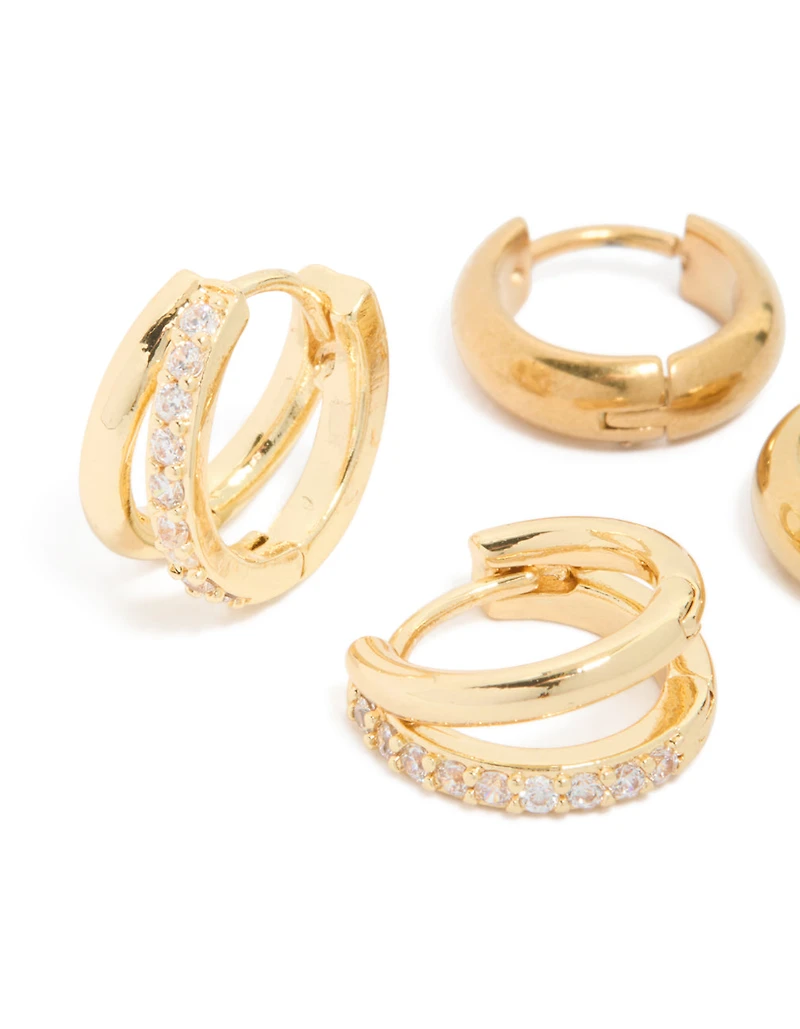 Waterproof Gold Plated Stainless Steel Chubby & Diamante Huggie Earrings 2-Pack