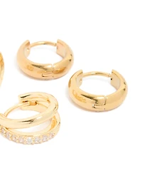 Waterproof Gold Plated Stainless Steel Chubby & Diamante Huggie Earrings 2-Pack
