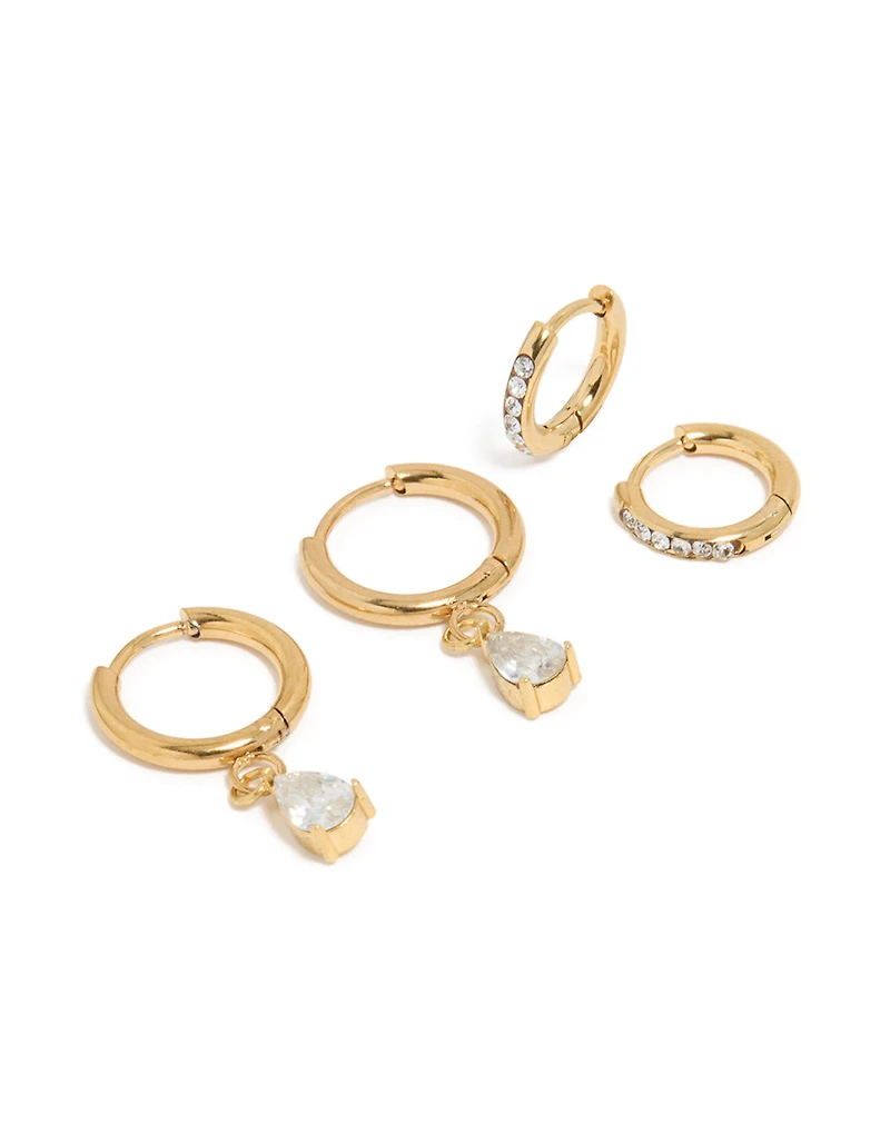 Waterproof Gold Plated Stainless Steel Cubic Zirconia  Huggie Earrings 2-Pack