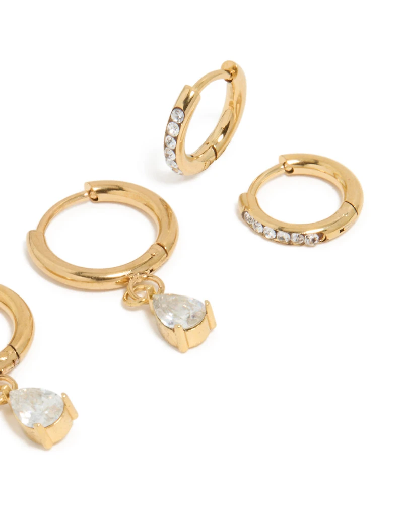 Waterproof Gold Plated Stainless Steel Cubic Zirconia  Huggie Earrings 2-Pack