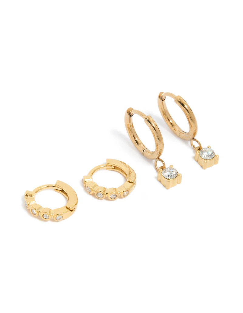 Waterproof Gold Plated Stainless Steel Bezel Diamante Huggie Earrings 2-Pack