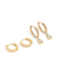 Waterproof Gold Plated Stainless Steel Bezel Diamante Huggie Earrings 2-Pack